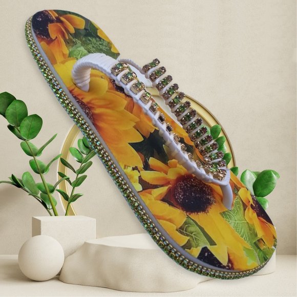 Women's Luxury Flip Flops Yellow Flowes crystals and rhinestones, all occasions. - Picture 1 of 17